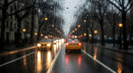 Raindrops streak down a window overlooking a city street with taxis