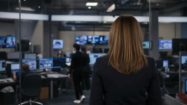 Rear view of a businesswoman looking into a modern control room. Female manager overseeing a newsroom or data center with multiple screens.