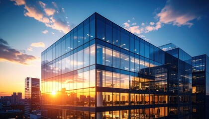 Fototapeta premium Stunning glass office building reflecting a colorful sunset, set against a dynamic urban skyline.