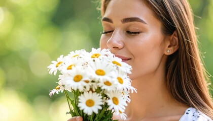 A woman peacefully smelling a bouquet of daisies in a sunlit garden, surrounded by lush greenery.