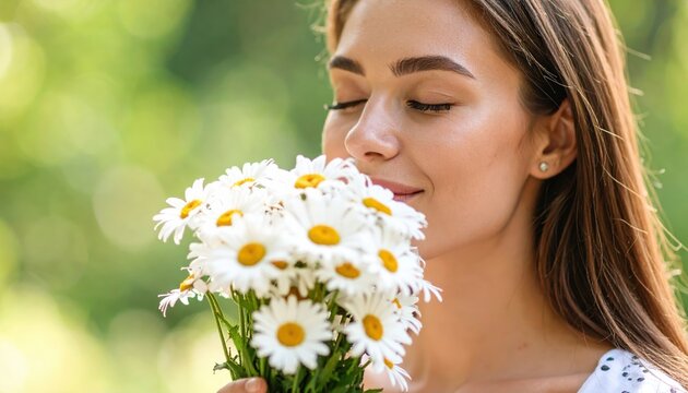 A woman peacefully smelling a bouquet of daisies in a sunlit garden, surrounded by lush greenery. - Powered by Adobe