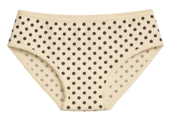 Beige underwear featuring black polka dot pattern, laying flat against transparent backdrop, highlighting feminine lingerie design