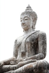 Fototapeta premium Ancient Weathered Stone Buddha Statue in Thailand, Serene Meditation Pose, Outdoor Southeast Asian Temple Setting.