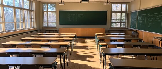 A photograph of an empty classroom with desks and chairs arranged neatly, featuring wooden tables and green chalkboards on the walls. The room is well-lit by natural sunlight coming