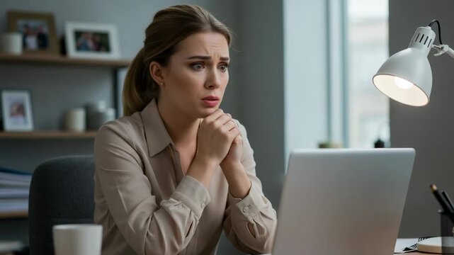 Frightened woman reads shocking news online. Stressed young female employee working from home office looking at laptop with fear and anxiety.