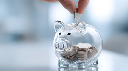 A hand dropping a coin into a transparent piggy bank.	A close-up shot of a hand dropping a gold coin into a clear glass piggy bank that is already partially full, symbolizing savings and growth.
