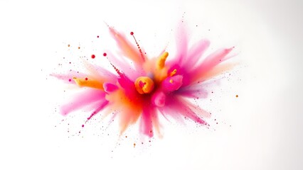 Vibrant explosion of colored powder mid-air, capturing the festive spirit of Holi against a white background.