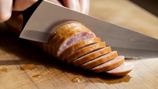 Slicing Sausage: Close-Up of Culinary Action on Wooden Board