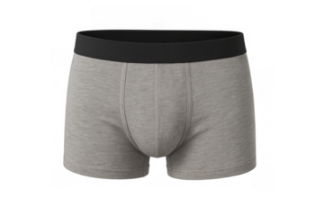 Grey boxer shorts featuring black waistband, close-up view against transparent backdrop, highlighting minimalist men's underwear design