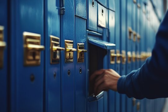 A row of blue school lockers with brass locks, captured in close-up to highlight the details and textures. The focus is on one locker's door handle being open by an out-of-focus student