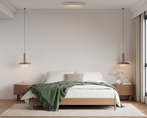 Scandinavian Bedroom Frame Mockup with Natural Light and Minimalist Decor - 3d Rendering