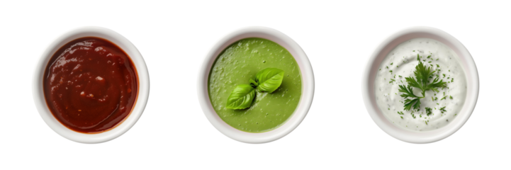 Barbeque, green, ranch dressing sauce in white ceramic bowl transparent PNG cutout set bundle, isolated background. Vibrant colorful flavor cue, culinary food condiment