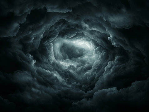 Dark ominous clouds swirl in dramatic formation, creating foreboding atmosphere