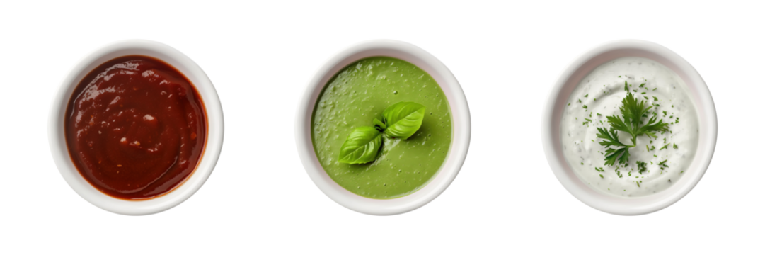 Barbeque, green, ranch dressing sauce in white ceramic bowl transparent PNG cutout set bundle, isolated background. Vibrant colorful flavor cue, culinary food condiment