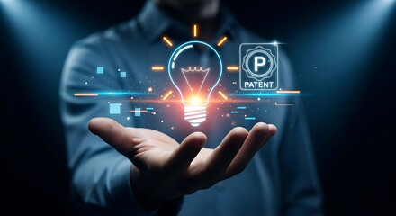 Patent registration concept. A hand holds a glowing holographic lightbulb icon with a small, simple "P" seal, symbolizing a patented idea.