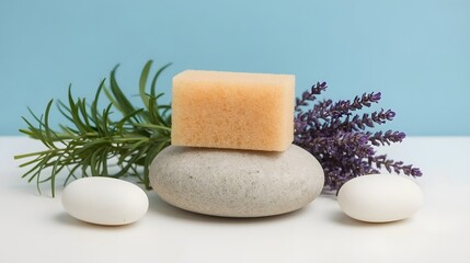 Natural spa composition with handmade soap bar placed on smooth stone, surrounded by white pebbles, green leaves, and lavender flowers on a pastel blue background, ideal for wellness and skincare them