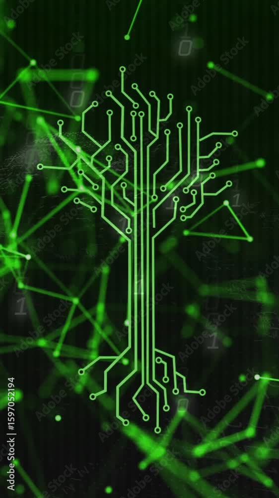 Poster animation of circuit tree with green digital network connections in background