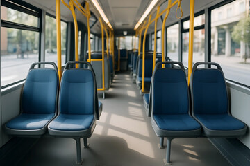Fototapeta premium Empty City Bus Interior With Blue Seats And Yellow Handrails In Daylight Public Transportation Environment