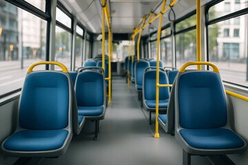 Fototapeta premium Modern Urban Bus Interior With Empty Blue Seats And Yellow Handrails For Public Transport