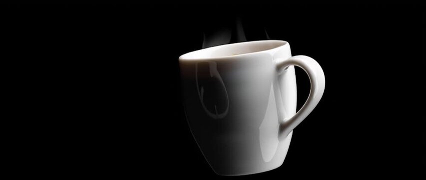 Anamorphic video floating cup of coffee on a black background, white ceramic hot coffee cup with steam float up from cup on dark background