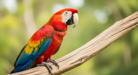 Fototapeta premium A vibrant red, blue, and yellow macaw parrot perched on a textured wooden branch in a natural setting