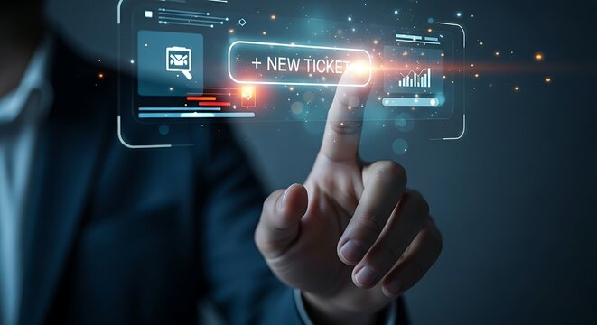 Support ticket creation concept. A finger touches a "+ NEW TICKET" button on a clean, minimal helpdesk holographic interface.