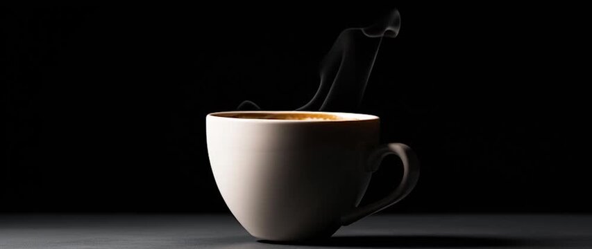 Anamorphic video floating cup of coffee on a black background, white ceramic hot coffee cup with steam float up from cup on dark background