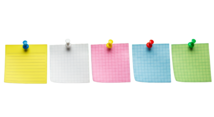 Vibrant array of sticky notes pinned, each a different color and style, isolated on transparent background