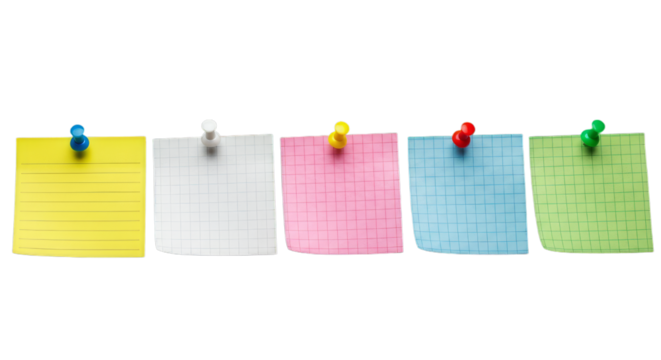 Vibrant array of sticky notes pinned, each a different color and style, isolated on transparent background