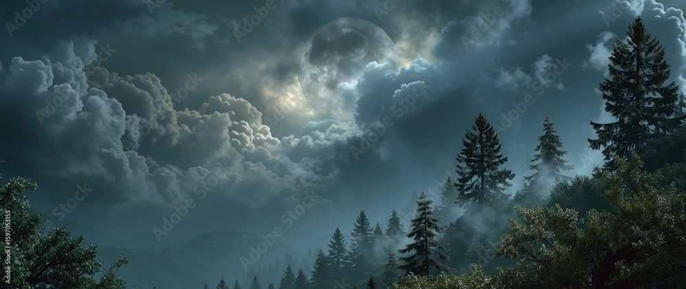 Wall mural anamorphic video full moon through clouds in a lush forest