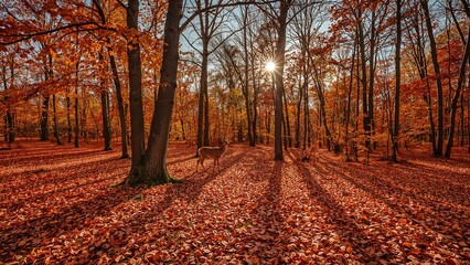 Fototapeta premium Autumnal Forest Scene with Deer and Sunburst Through Bare Branches