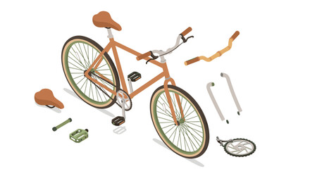 Isometric view of an assembled bicycle with detached parts on a white background shown in detail
