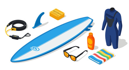 Isometric view of a blue and white surfboard with gear and accessories for surfing on a white background