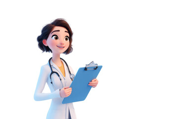 Cartoon Doctor with Stethoscope and Clipboard Smiling and Looking Up.