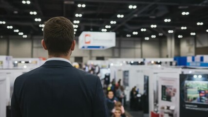 Young professional man in a suit looks out over a large, busy trade show floor. Businessman attending a corporate conference or technology expo.