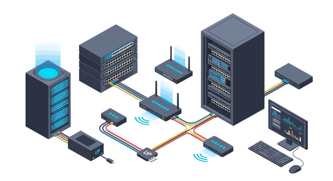 Isometric illustration of a server rack network setup with connected devices and a workstation