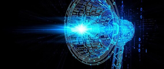 Anamorphic video glowing neon megaphone against a black background advertising and promotion concept - Powered by Adobe