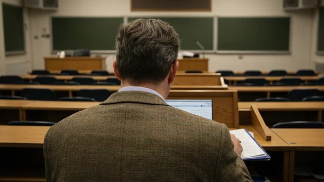 Rear view of a male professor working on a laptop at a desk in an empty university lecture hall. Teacher preparing for a class.