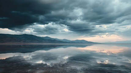 Obraz premium breathtaking view of salt lake in turkey dramatically contrasted under turbulent storm clouds