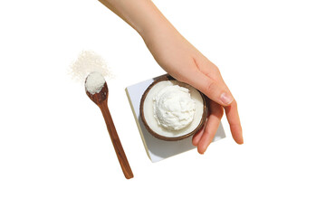 Hand scooping creamy dessert in a bowl with spoon, isolated on white, PNG