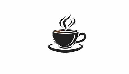 Obraz premium Simple black and white graphic of a coffee cup and saucer with steam rising.