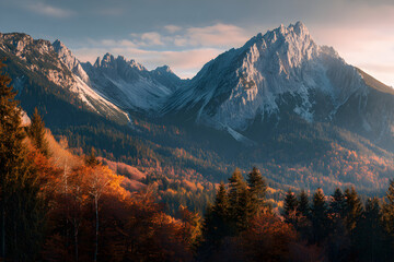 Golden Hour Scenery of Majestic Mountain Range with Vibrant Fall Colors and Trees