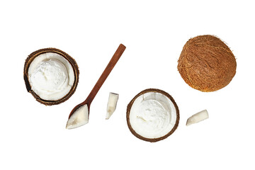 Fresh coconuts reveal creamy meat, isolated on white, PNG