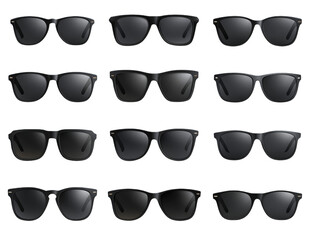 Assortment of Twelve Black Sunglasses Displayed on Transparent Background for Protection Fashion and Style, PNG