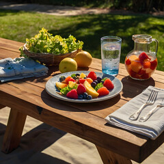 Fresh Fruit Salad and Refreshing Beverages on a Wooden Picnic Table in Sunny Outdoor Setting 