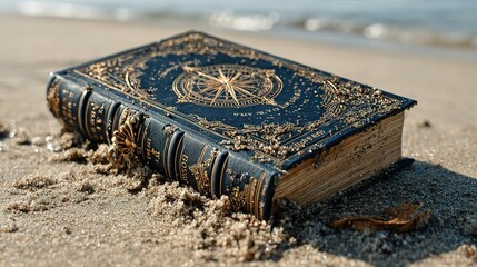Ornate book resting on a sandy beach.