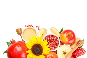 Colorful arrangement of fruits and honey, isolated on white, PNG