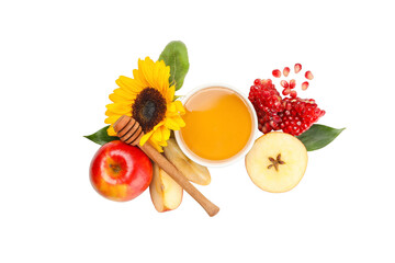 Honey, apple, sunflower, pomegranate mix, isolated on white, PNG