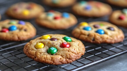 Close-up view of freshly baked chocolate chip cookies with colorful candies on a cooling rack.