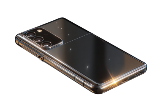Foldable Smartphone Closed with Rear Camera Detail and Edge Lighting, Rear View on Transparent Background